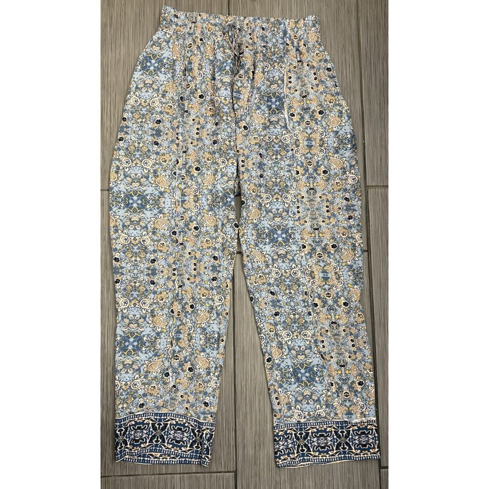 Free People Blue/Yellow Floral Harem Pants Smocked Elastic Waist Boho Medium